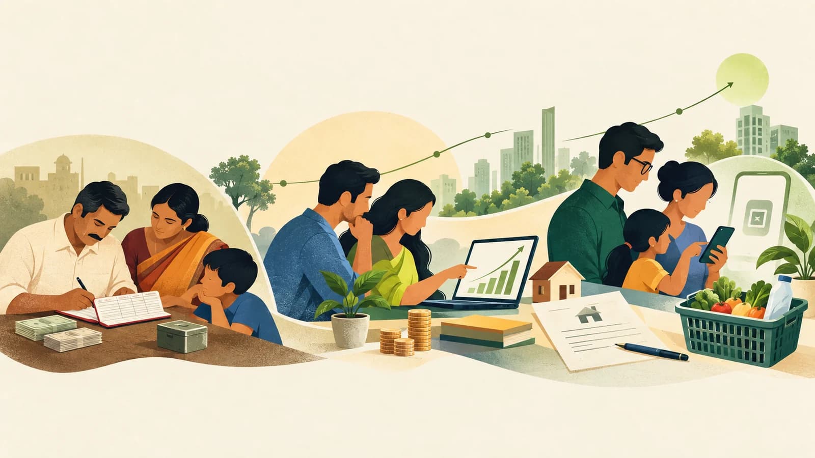 Illustration of how Indian household borrowing, investing and spending changed over twenty years