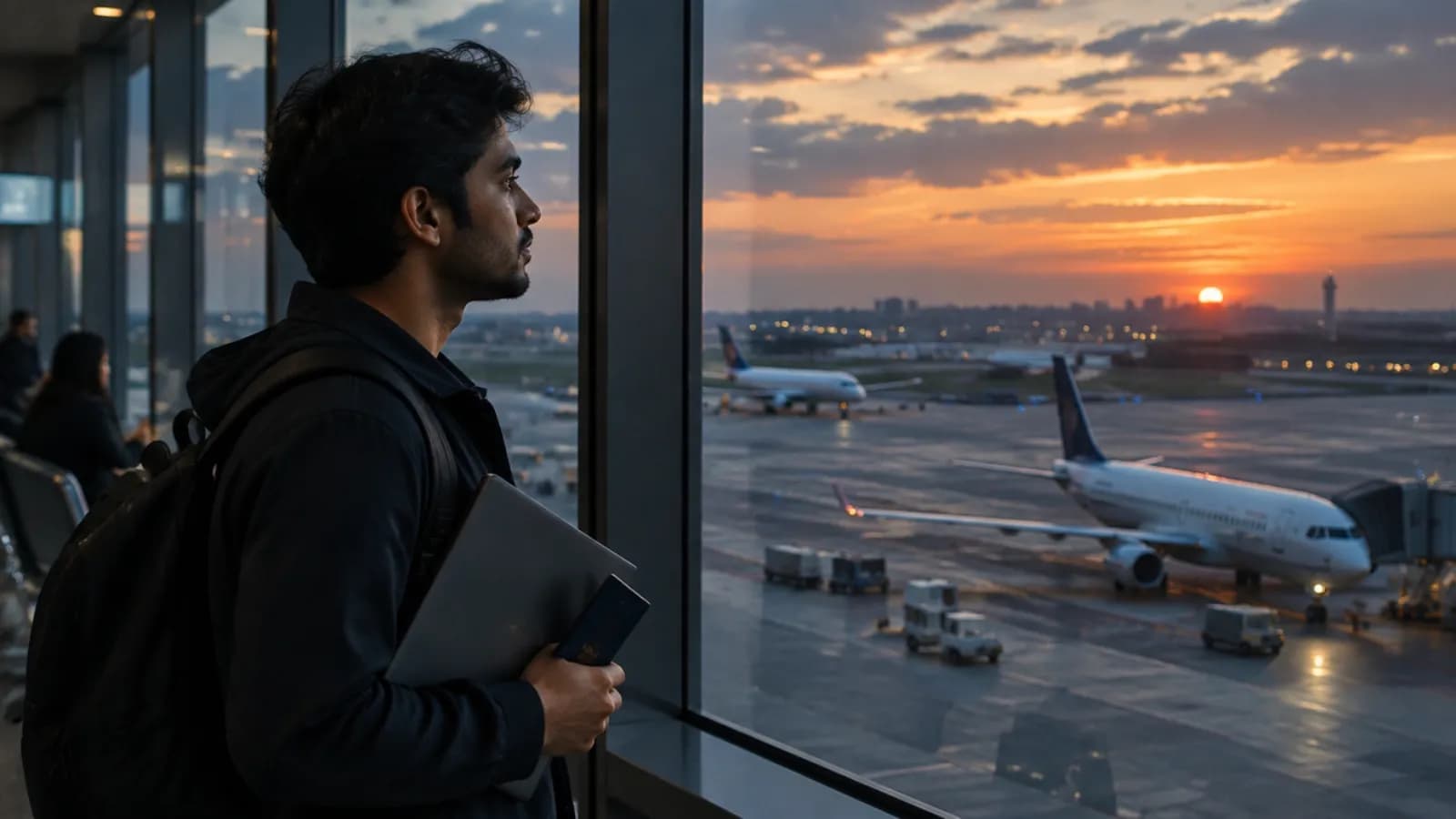 Young professional at an airport window holding a passport and documents