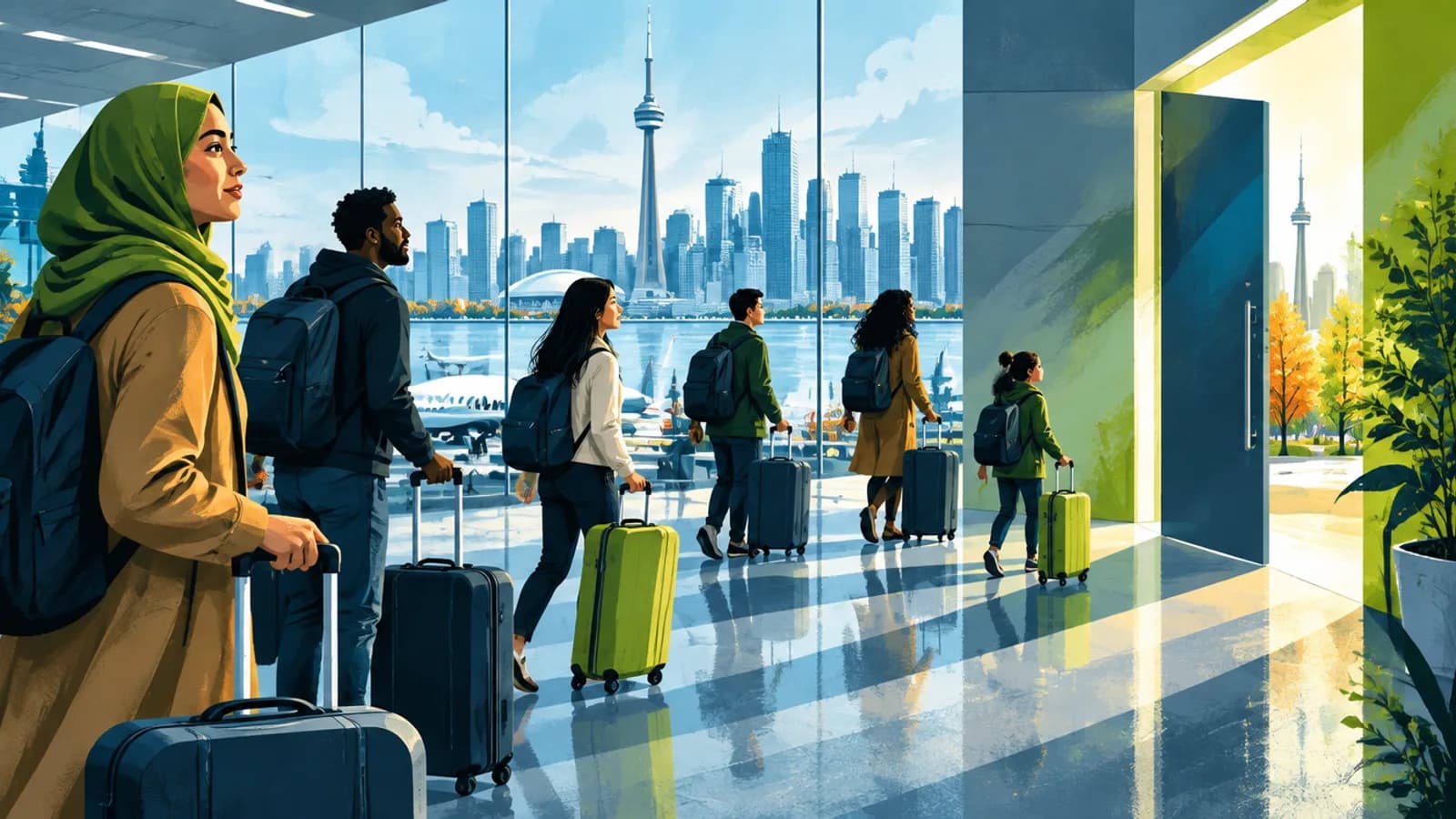 Arrivals hall at a Canadian airport illustrating Canada's immigration levels plan 2027 to 2029 and permanent resident targets