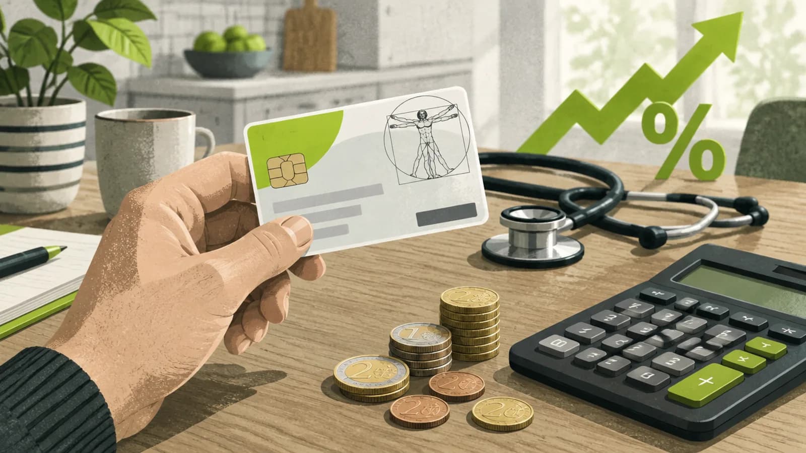 Zusatzbeitrag 2027: German health insurance card next to a payslip showing the Krankenkassenbeitrag