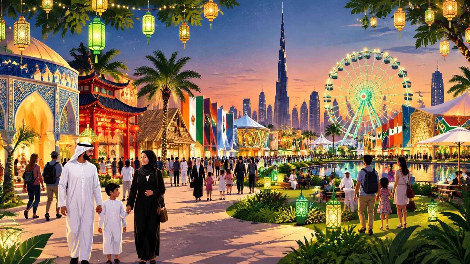 Global Village Season 31 tickets: crowds at the Gate of the World entrance in Dubai at night