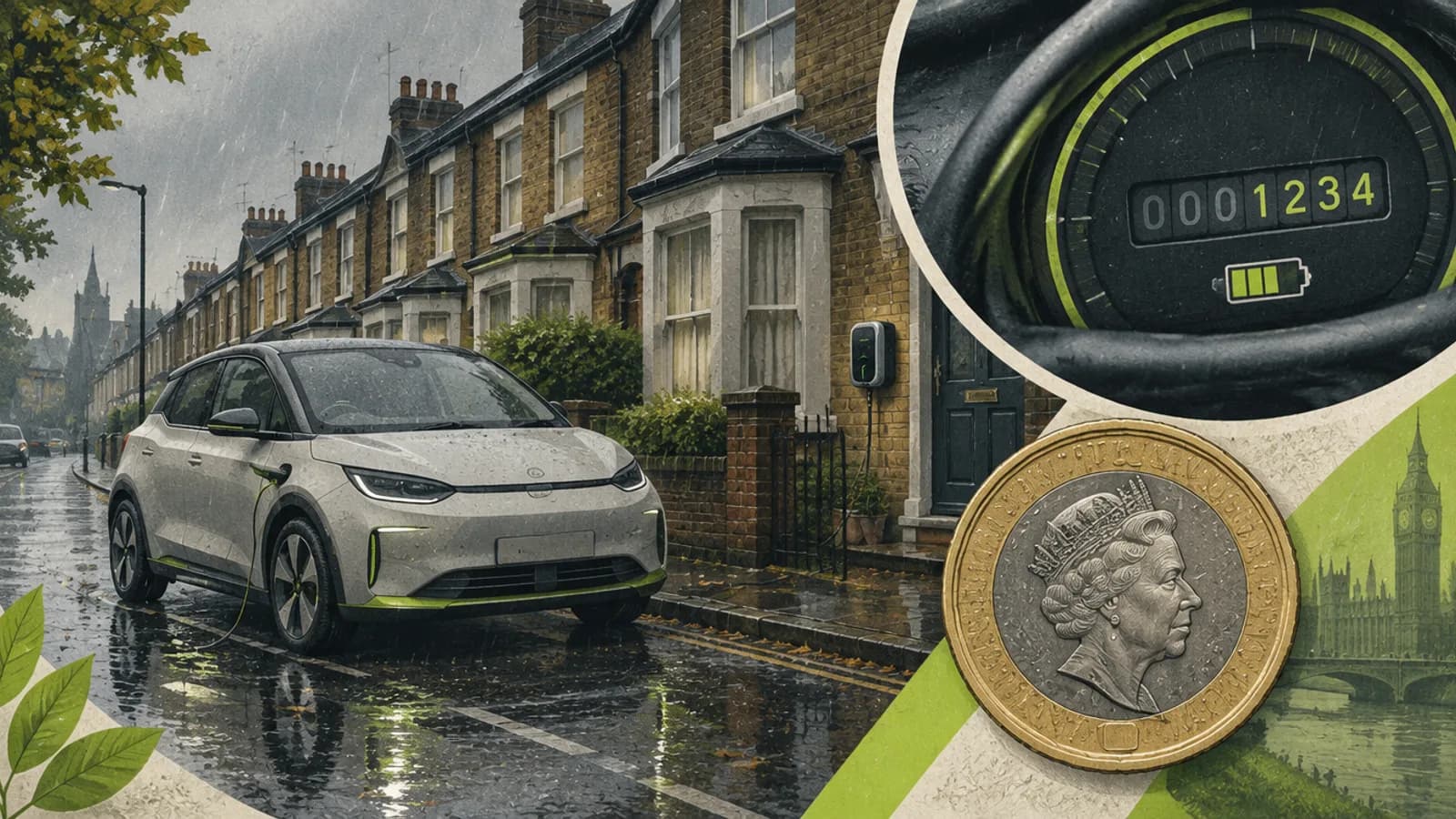 Pay-per-mile EV tax UK: electric car charging with an odometer showing miles taxed at 3p each from April 2028